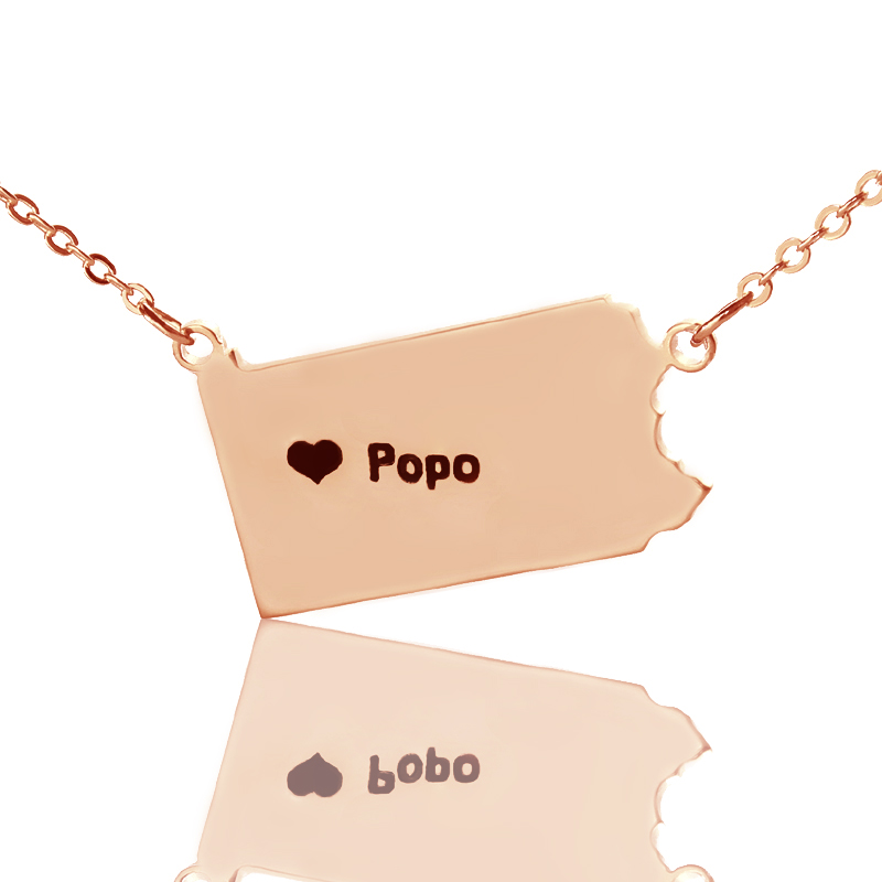 Personalised Pennsylvania state map heart name necklace in rose gold