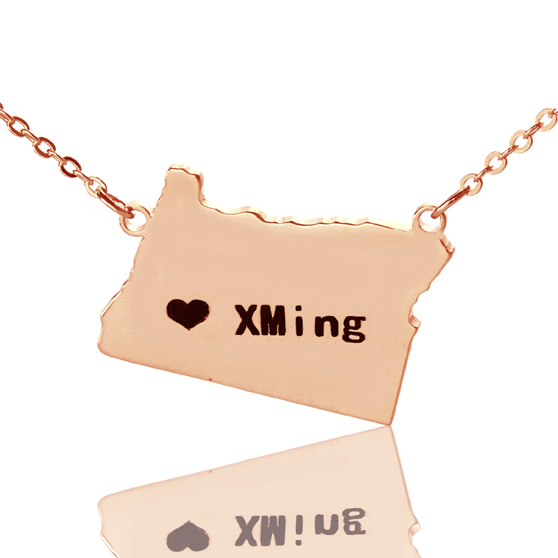 Custom state map name necklace with heart detail in rose gold