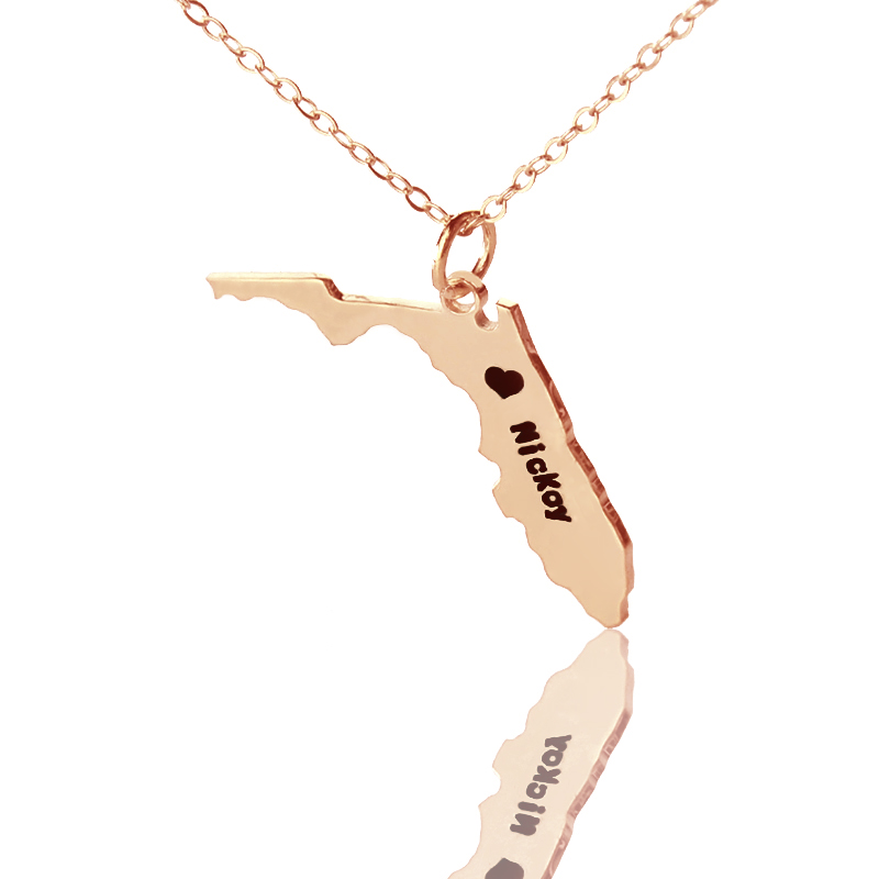 Custom Florida state map heart name necklace in rose gold