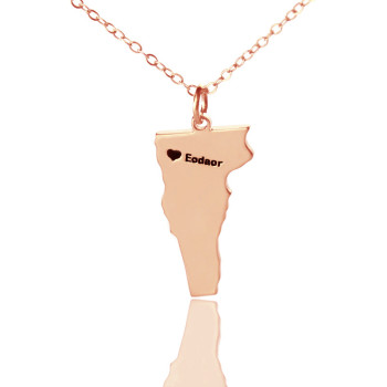 Custom Vermont State USA Map Necklace With Heart Name Rose Gold