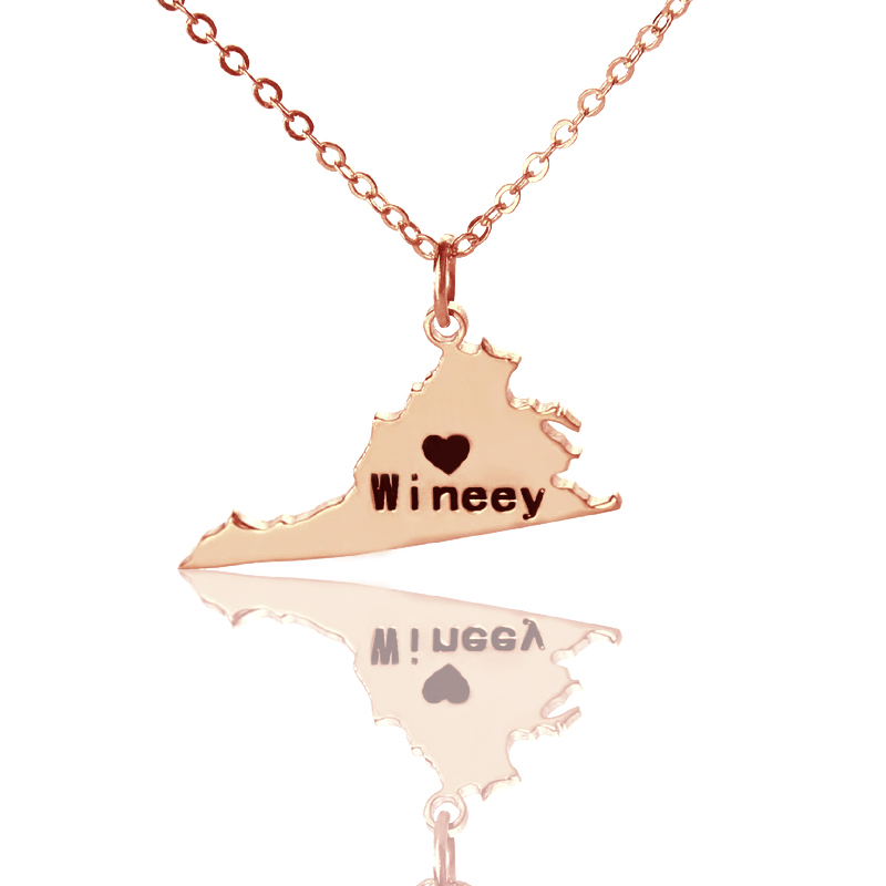 Virginia state map heart name necklace
