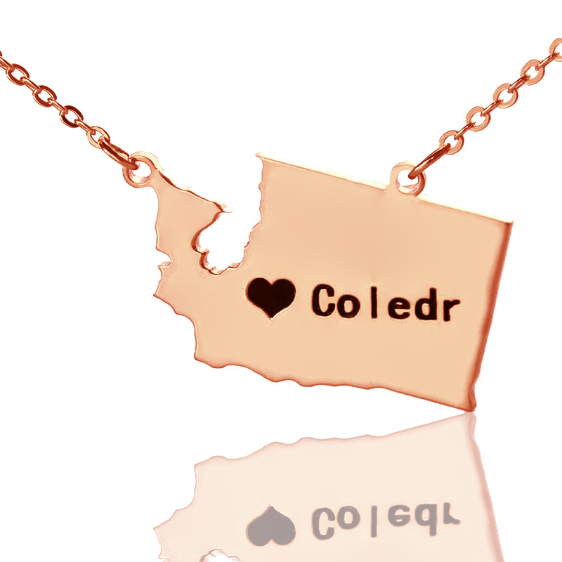 Washington State map heart name necklace in rose gold