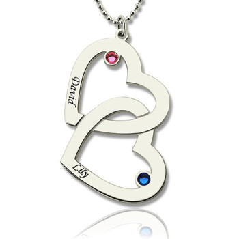 Double Heart Necklace with Name Birthstones Sterling Silver