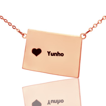 Wyoming State Shaped Map Necklaces With Heart Name Rose Gold
