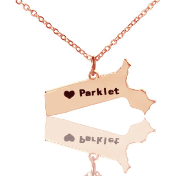 Massachusetts State Shaped Necklaces With Heart Name Rose Gold