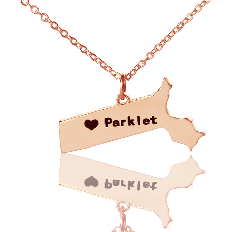 Massachusetts state-shaped personalised name necklace with heart detail