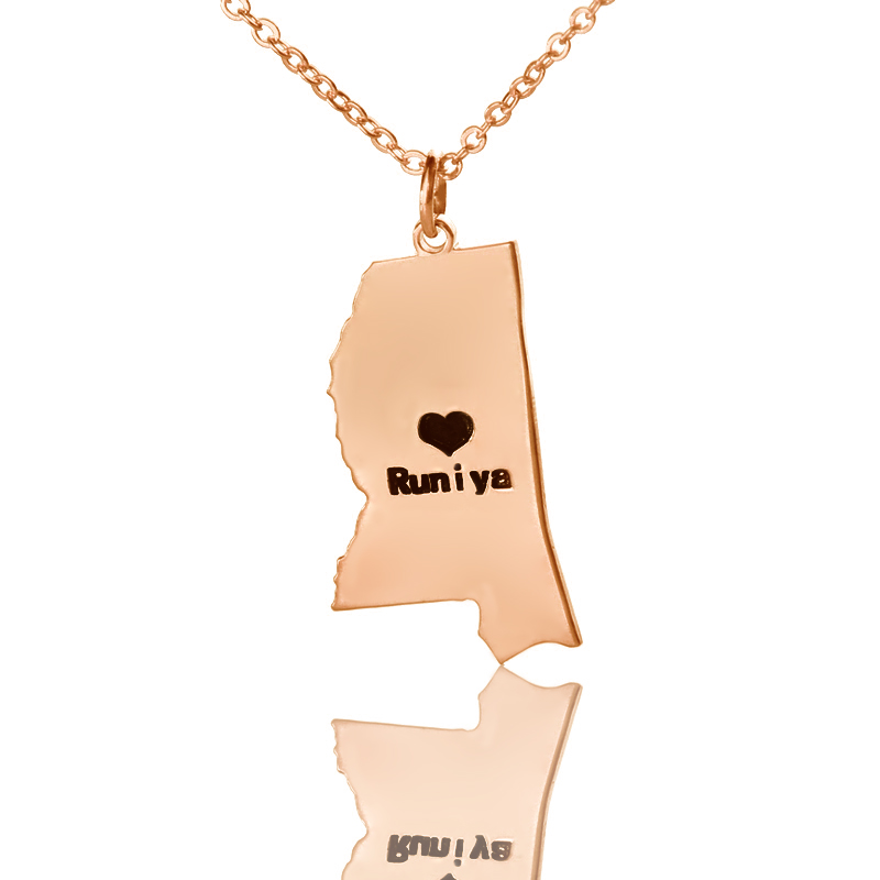 Rose gold-colour Mississippi state-shaped heart name necklace