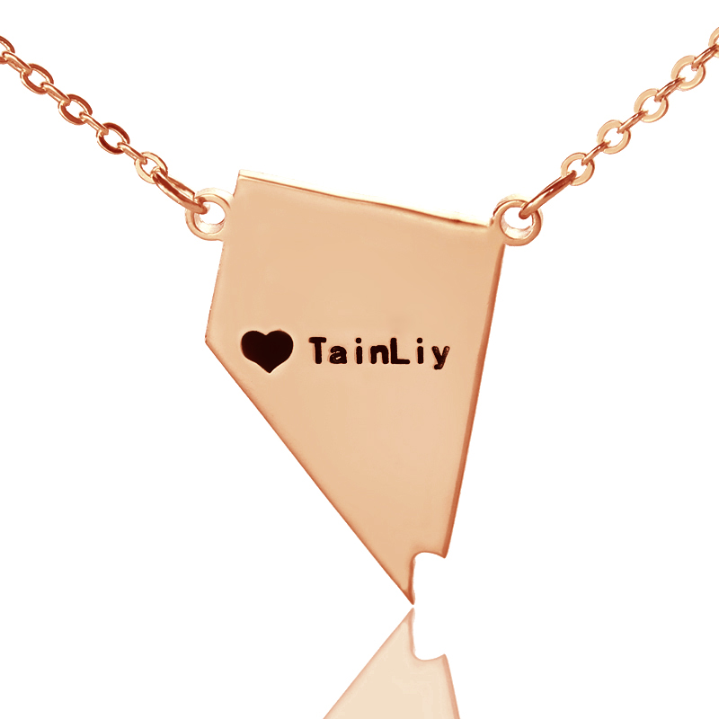 Custom Nevada state-shaped heart name necklace in rose gold