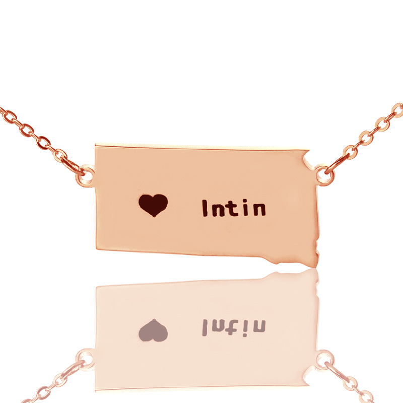 South Dakota state-shaped heart name necklace in rose gold