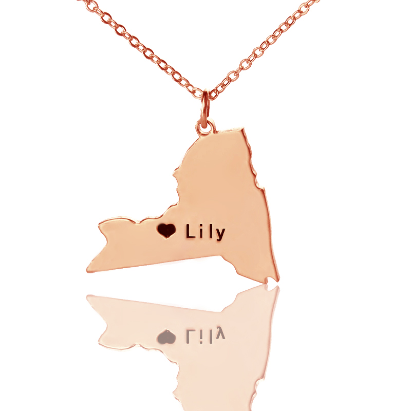 Personalised New York state-shaped heart name necklace in rose gold