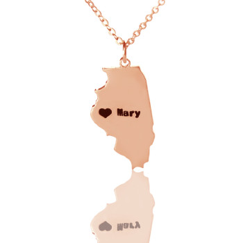 Custom Illinois State Shaped Necklaces With Heart Name Rose Gold