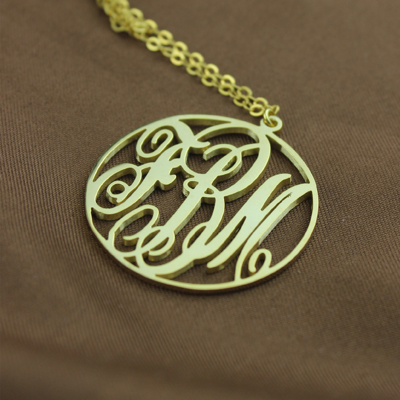 Solid Gold Circle Initial Monogram Necklace Solid gold vine font circle initial monogram necklace
