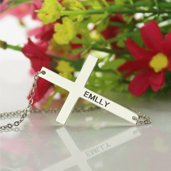 Silver Latin Cross Necklace Engraved Name 1.25