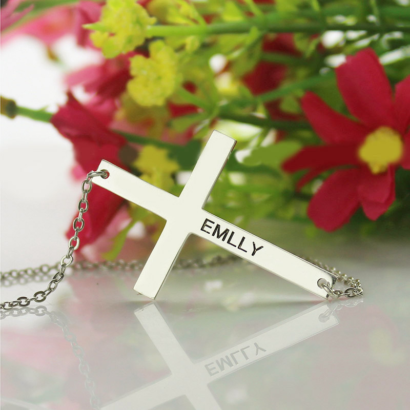 Engraved Silver Latin Cross Name Necklace Engraved silver Latin cross name necklace