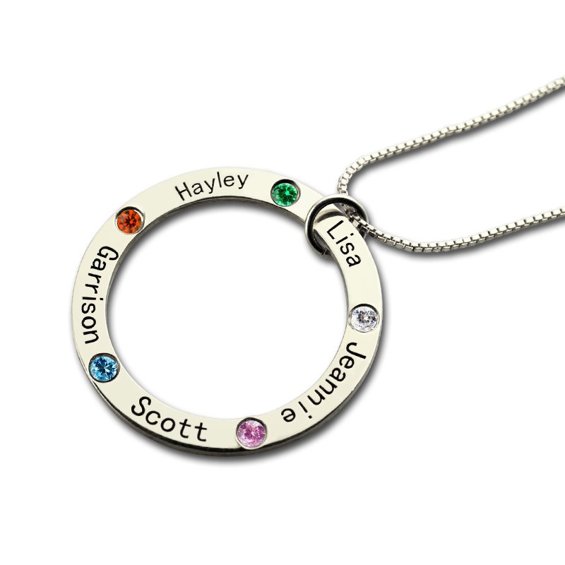 Family Circle Name Necklace Mother’s family circle name necklace with engraved names and birthstones