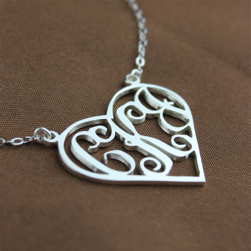 Solid white gold personalised heart initial monogram necklace view