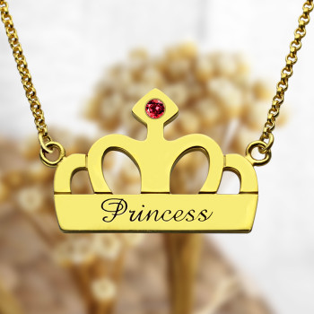 Princess Crown Charm Necklace with Birthstone Name 18ct Gold Plated