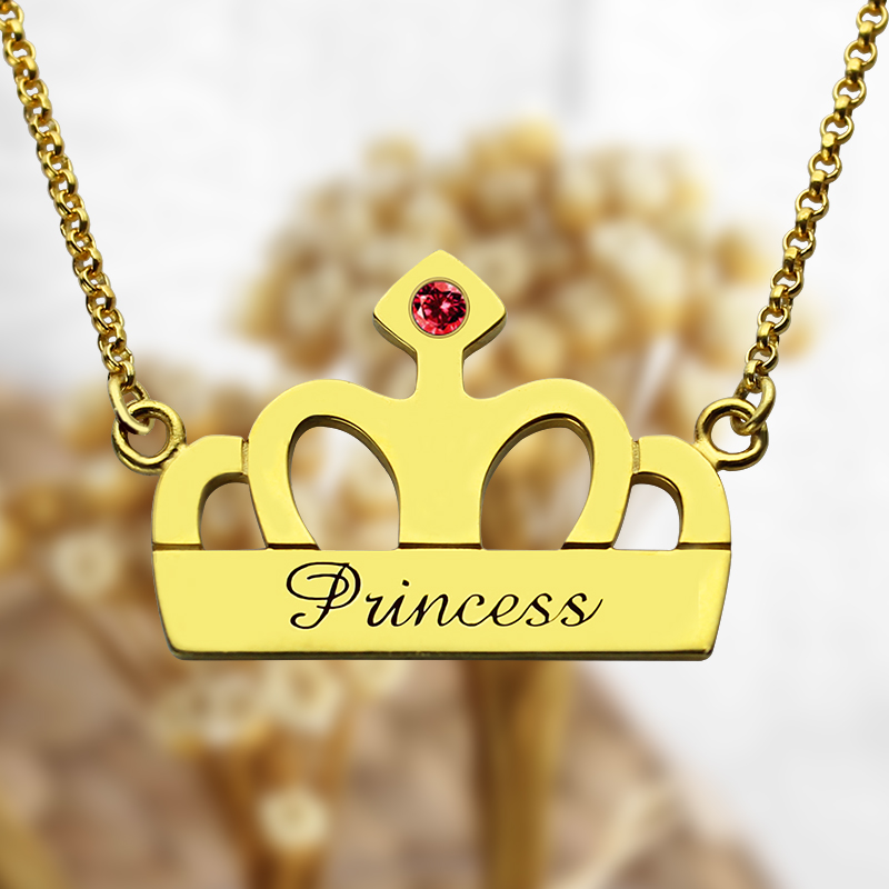 Princess crown charm name necklace with birthstone detail