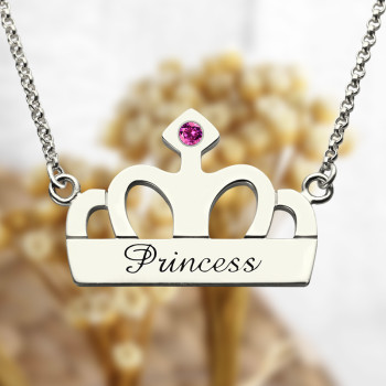 Crown Charm Neckalce with Birthstone Name Sterling Silver