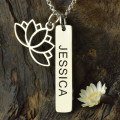Personalised lotus flower yoga necklace with engraved name tag