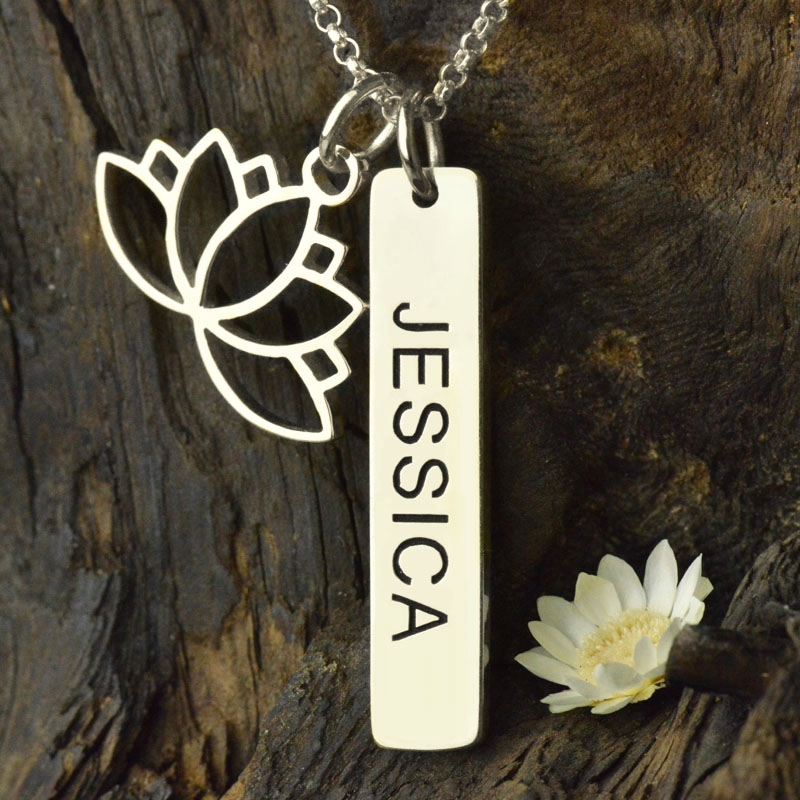 Personalised lotus flower yoga necklace with engraved name tag