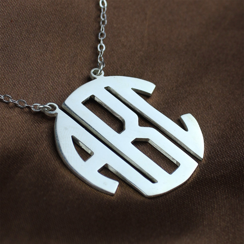 18ct solid white gold block initial monogram pendant necklace