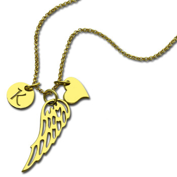 Good Luck Angel Wing Necklace with Initial Charm 18ct Gold Plated Good Luck Angel Wing Necklace with Initial Charm 18ct Gold Plated
