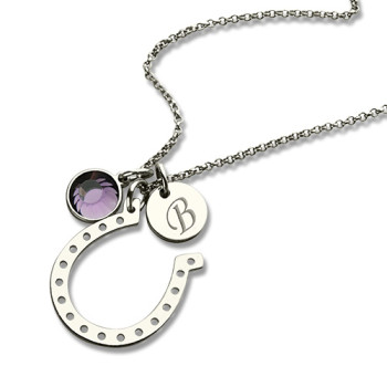 Horseshoe Good Luck Necklace with Initial Birthstone Charm Horseshoe Good Luck Necklace with Initial Birthstone Charm
