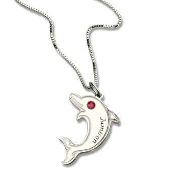 Dolphin Necklace with Birthstone Name Sterling Silver