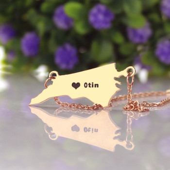 Personalised NC State USA Map Necklace With Heart Name Rose Gold Personalised NC State USA Map Necklace With Heart Name Rose Gold