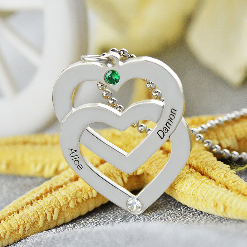 Personalised double heart engraved name necklace product view