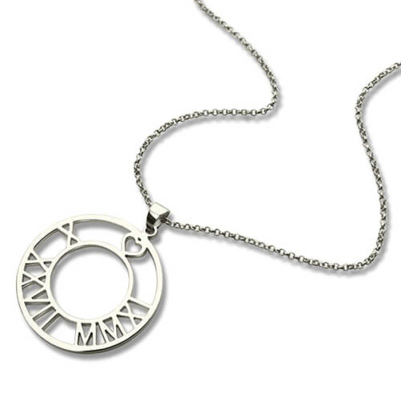 Personalised sterling silver Roman numeral open-circle disc necklace