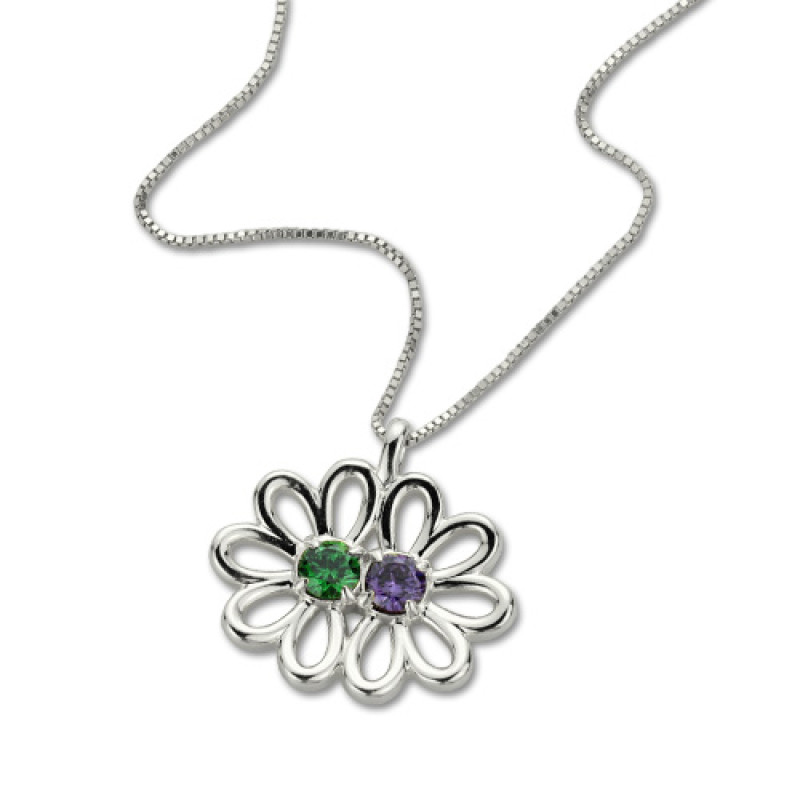 Personalised Double Flower Birthstone Pendant Personalised double flower pendant necklace with round birthstones