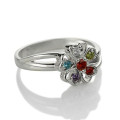 Engraved name flower ring with heart-shaped petals and birthstone settings