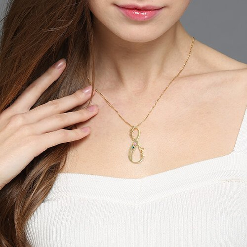 Vertical infinity name necklace with birthstones