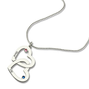 Double Heart Necklace with Name Birthstones Sterling Silver Double Heart Necklace with Name Birthstones Sterling Silver