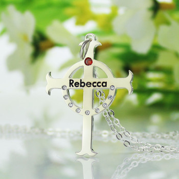 Personalised Circle Cross Necklaces with Birthstone Name Silver