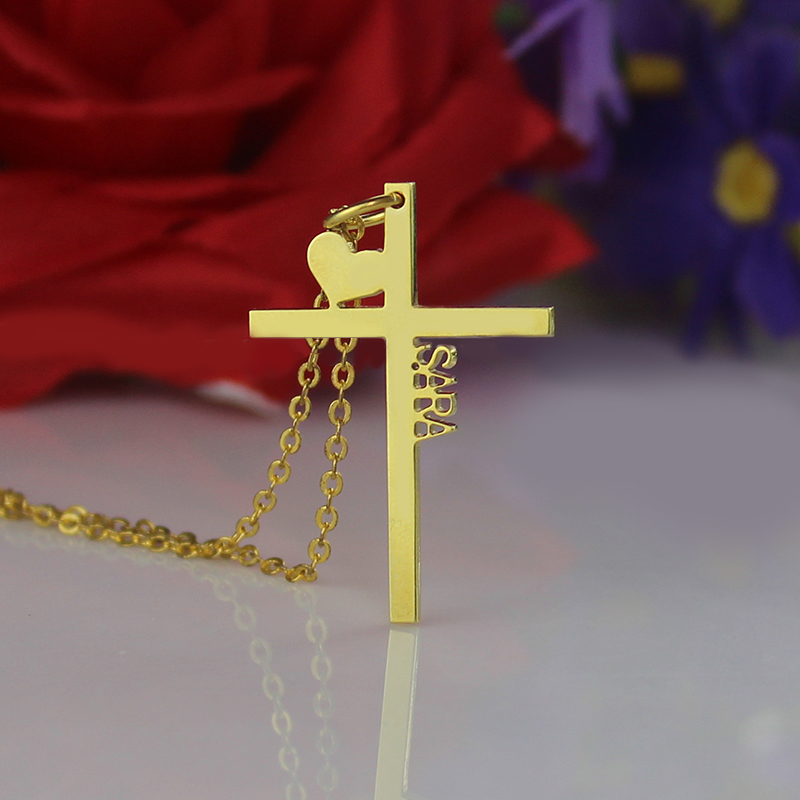 Personalised cross name necklace with heart detail, product view