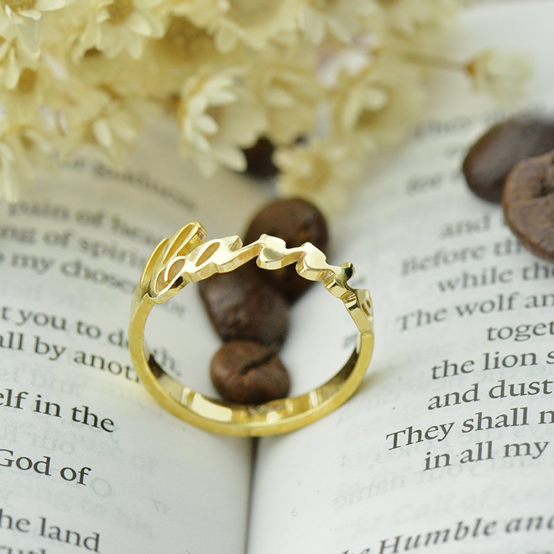 Custom Carrie Name Ring Product View Custom Carrie-style cut-out name ring product view