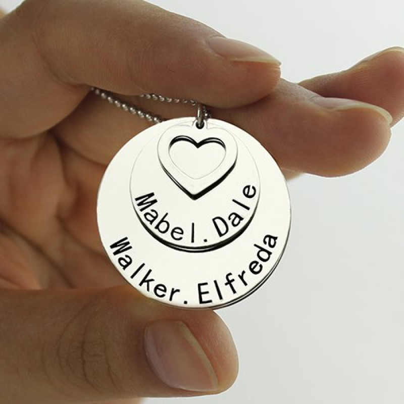 Stacked disc family pendant necklace with personalised name engraving