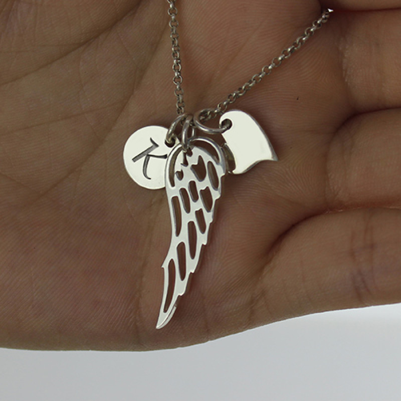 Personalised Angel Wing Necklace Girls angel wing necklace with personalised heart and initial charms