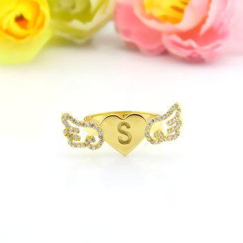 Angel Wings Heart Ring with Birthstone Initial 18ct Gold Plated Angel Wings Heart Ring with Birthstone Initial 18ct Gold Plated