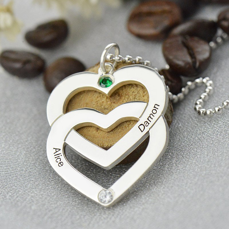 Personalised double heart name necklace detail view
