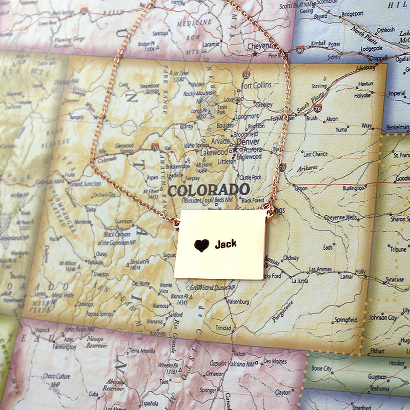 Custom Colorado state-shaped heart name necklace