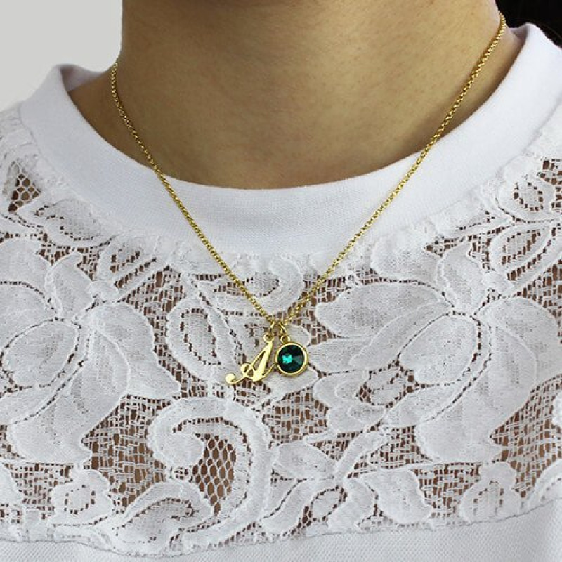 Custom birthstone initial necklace detail view