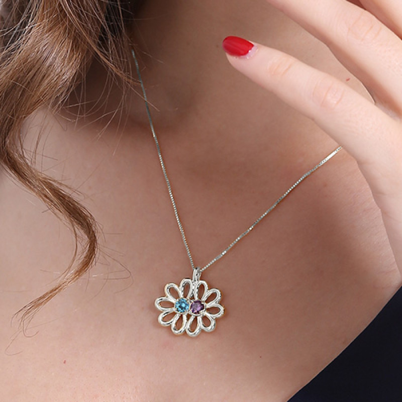 Double Flower Pendant Detail Personalised double flower pendant with two joined half flowers