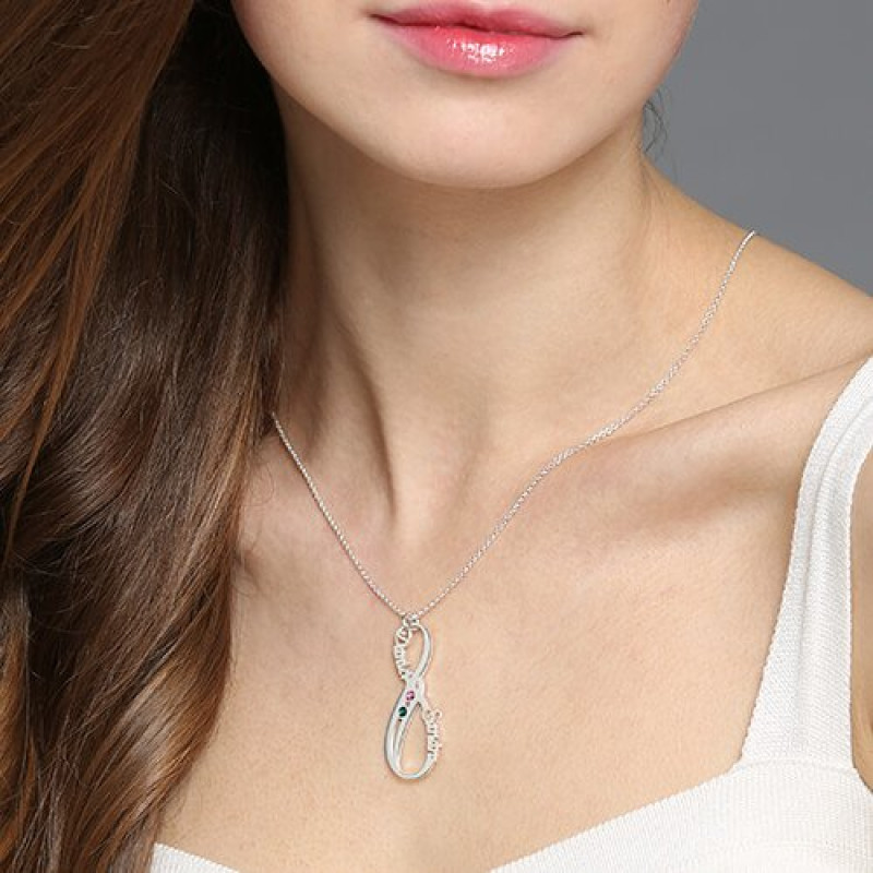 Personalised double name birthstone infinity necklace detail