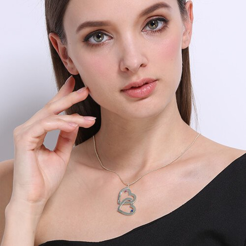 Double heart name and birthstone necklace product view