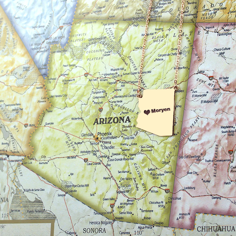 Arizona state-shaped name necklace on a chain