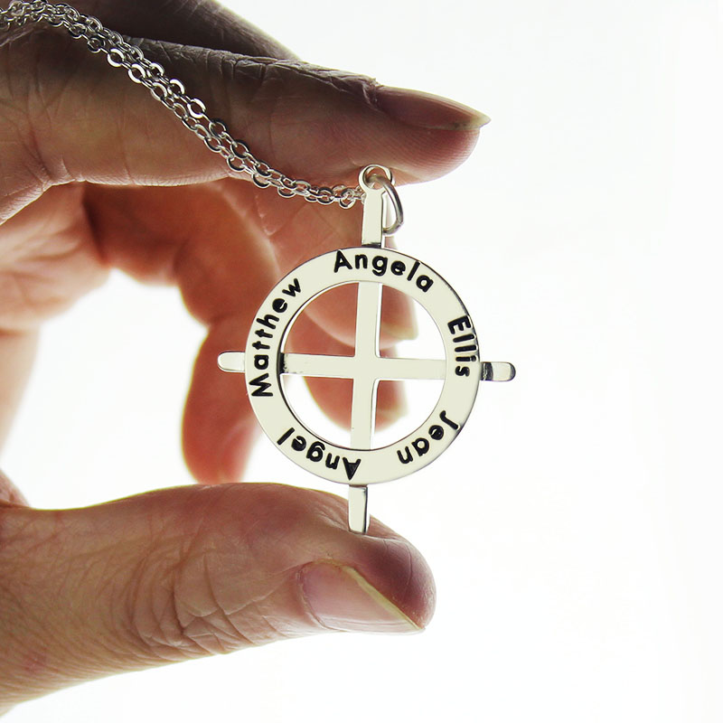 Personalised Silver Circle Cross Necklace Silver Latin-style circle cross necklace with personalised names